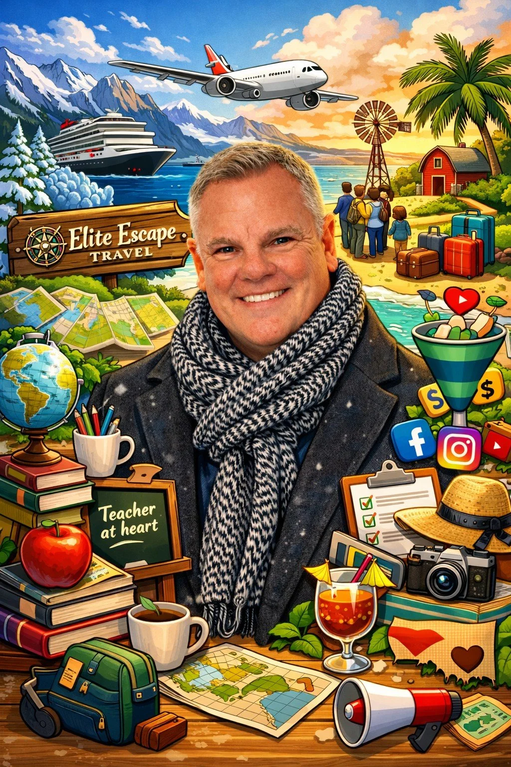 Colorful travel-themed illustration with a smiling man in the center, surrounded by travel icons, maps, luggage, and symbols of adventure like an airplane, cruise ship, mountains, and a boat. Includes social media logos, a globe, camera, and educational items.