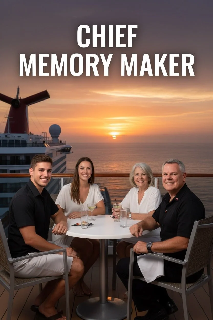 Group of four people sitting at a table on a cruise ship with a sunset view of the ocean in the background, celebrating a special occasion.