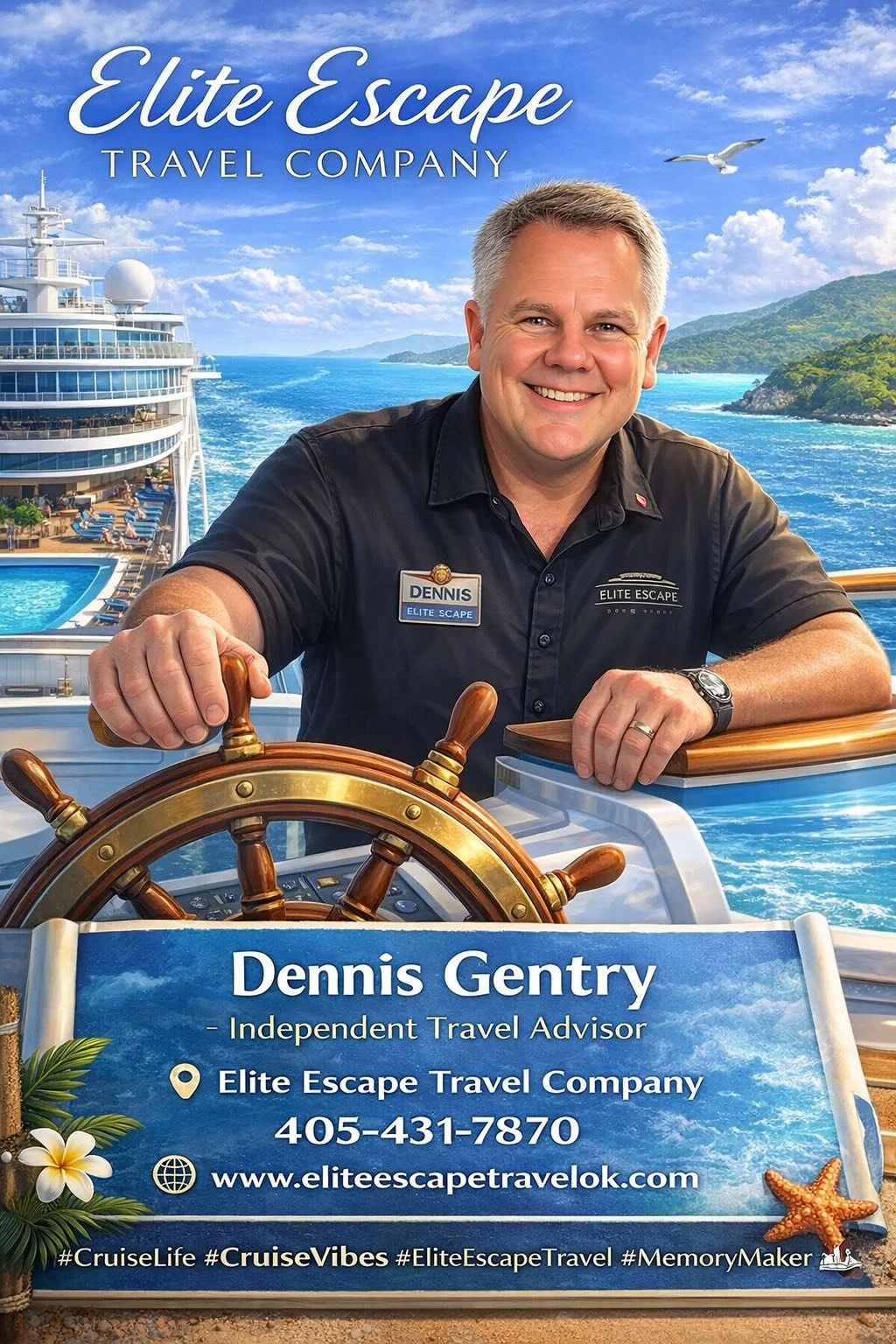 Promotional image for Elite Escape Travel Company featuring a man in a black shirt with a name tag, sailing a ship, with a background of ocean, islands, and sky, along with contact information and social media hashtags.