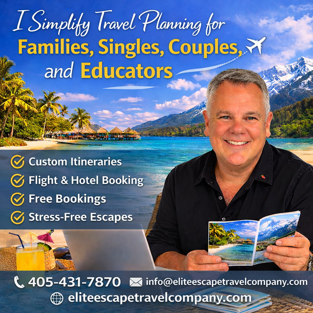Travel agency advertisement featuring a smiling man holding a travel brochure with a tropical beach scene. The background shows a beach with overwater bungalows, palm trees, and mountains, with promotional text about travel planning for families, singles, couples, and educators, highlighting services like custom itineraries, flight and hotel booking, free bookings, and stress-free escapes.