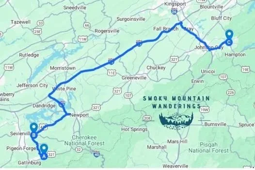 Map showing a route from Gatlinburg to Hampton passing through Sevierville, Newport, and John