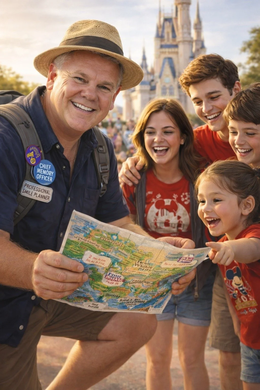 A park ranger or tour guide, dressed in a dark blue shirt with badges, wearing a straw hat, holding a map, surrounded by smiling children in front of a castle, likely at Disney.