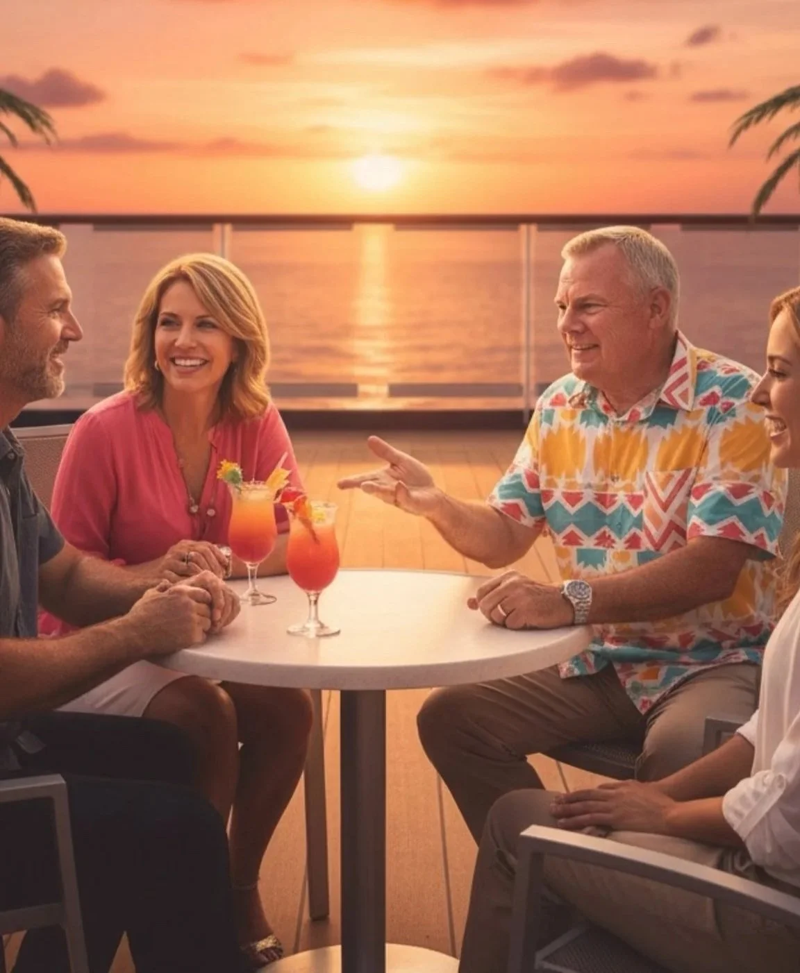 A group of five people sitting around a white round table on a cruise ship deck during sunset, enjoying drinks and engaging in conversation.