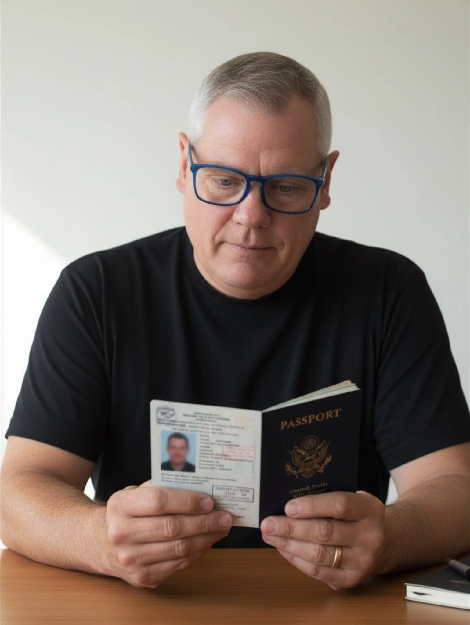 A man with gray hair and blue glasses reading a passport and an ID card at a wooden table.