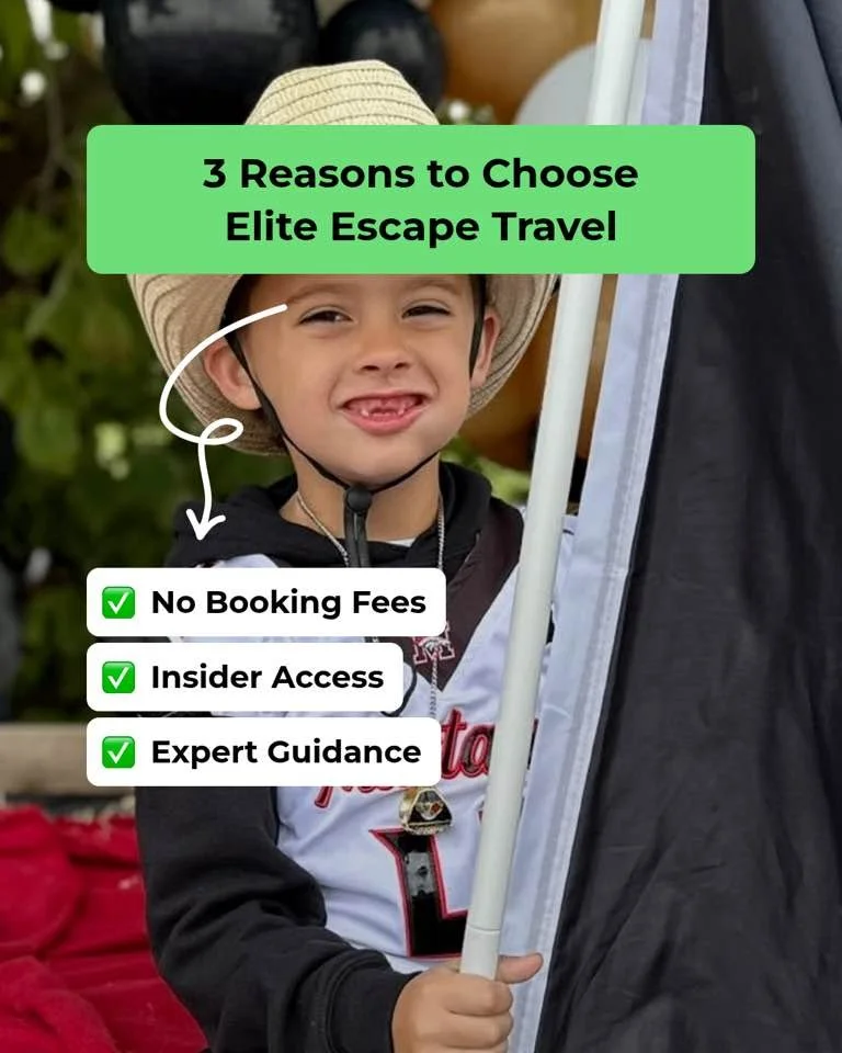A young boy wearing a cowboy hat and a sports jersey, smiling and holding a flag, with a grassy outdoor setting in the background. The image promotes three reasons to choose Elite Escape Travel, listing no booking fees, insider access, and expert guidance with checkmarks next to each.
