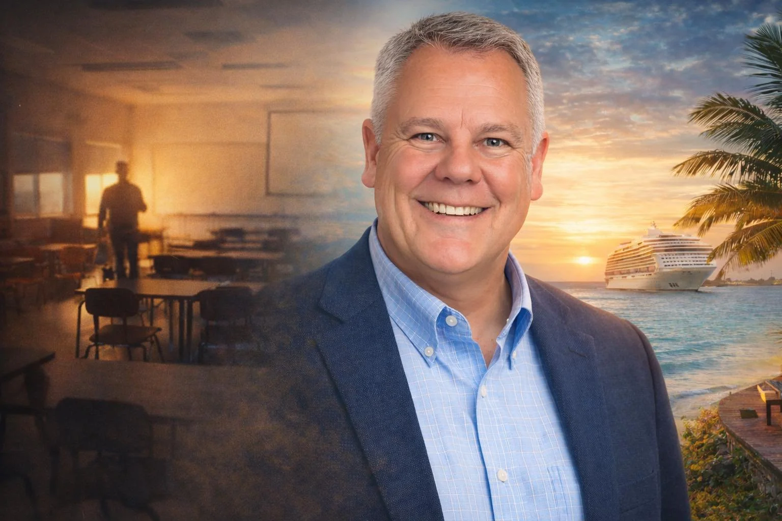 A smiling man in a blue checkered shirt and navy blazer standing in front of a photographic backdrop of a beach sunset with a cruise ship and palm trees.