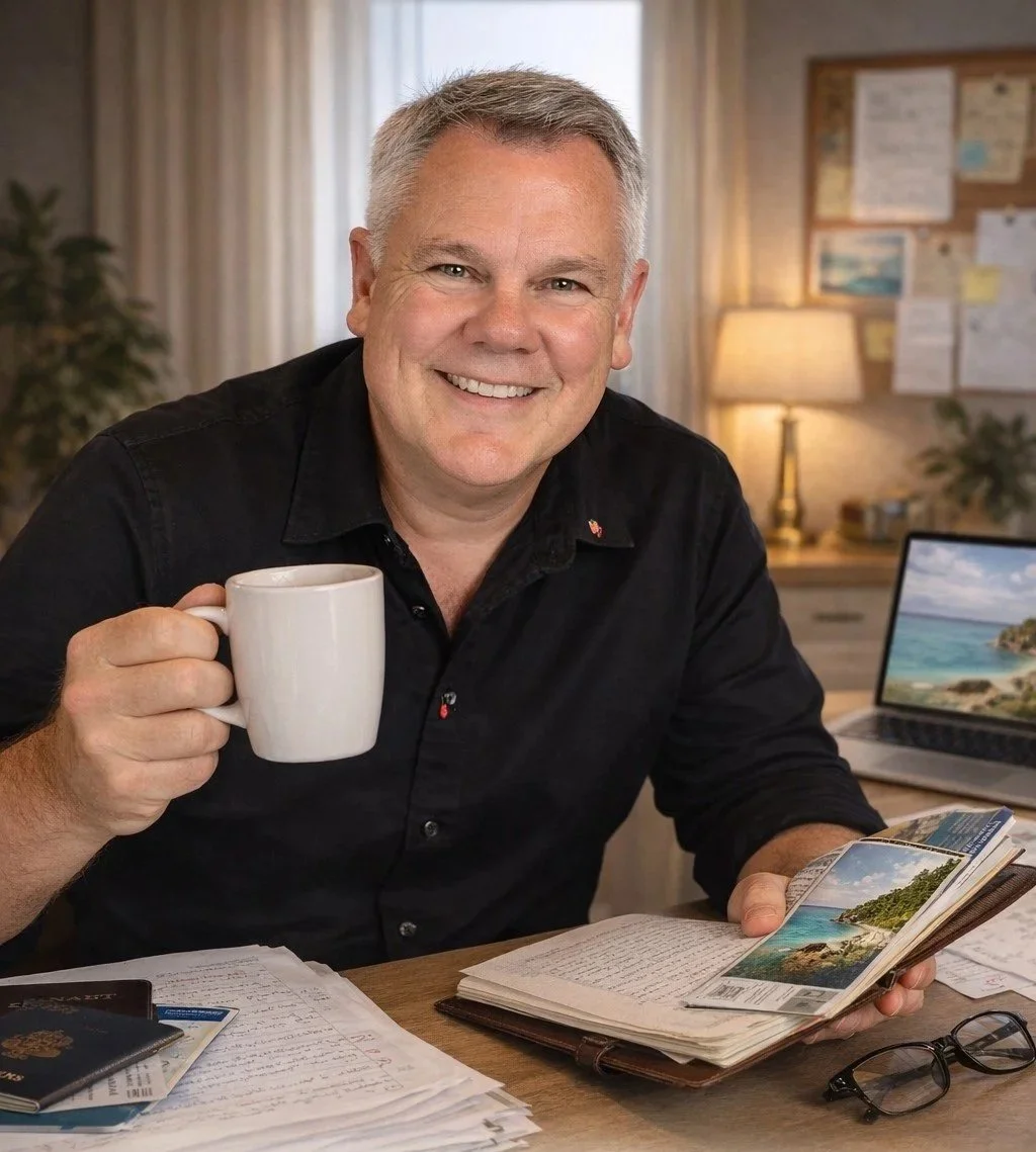 A smiling middle-aged man with gray hair holding a white coffee mug, sitting at a desk with travel documents, a passport, glasses, and an open planner, in a cozy home office with a laptop and a bulletin board in the background.