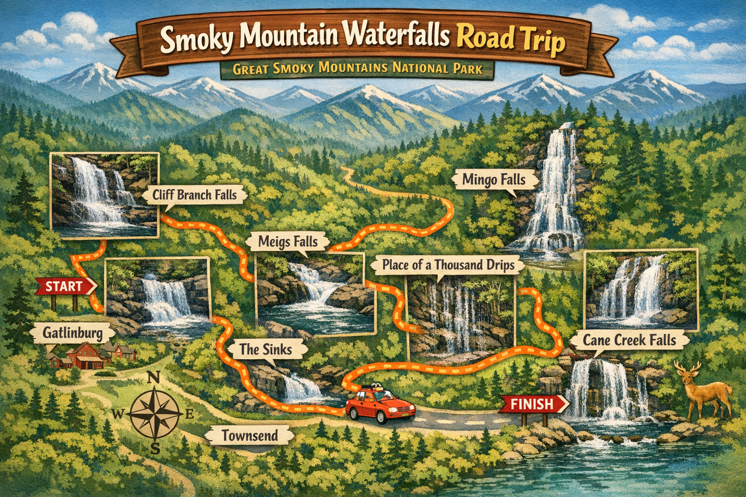 Map of Smoky Mountain Waterfalls Road Trip in Great Smoky Mountains National Park, showing starting point at Gatlinburg, scenic waterfalls including Cliff Branch Falls, Megs Falls, Mingo Falls, Cane Creek Falls, and other landmarks along the route with a car icon and a deer near the finish.