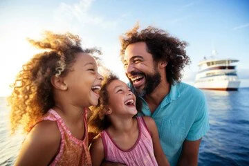 A man and two young girls smiling and laughing outdoors with a boat in the background during sunset.