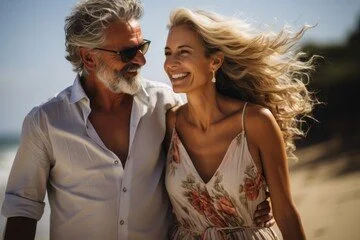 A happy older man and woman smiling and enjoying each other's company outdoors.