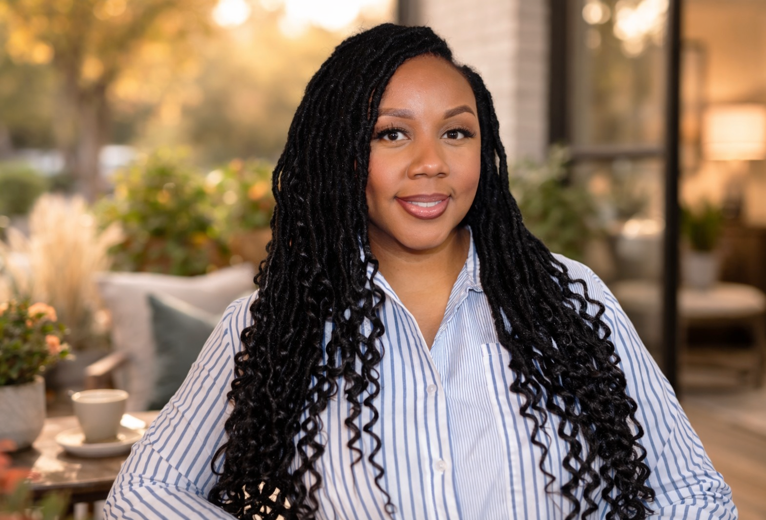 A woman with long black curly hair, wearing a blue and white striped button-up shirt, smiling in a well-lit indoor space with plants and a cup on the table behind her.