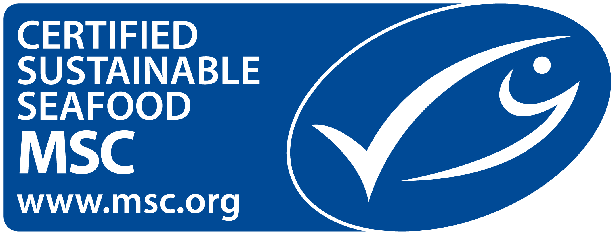 Blue certification label for sustainable seafood MSC with a check mark and a stylized fish logo, including the website www.msc.org
