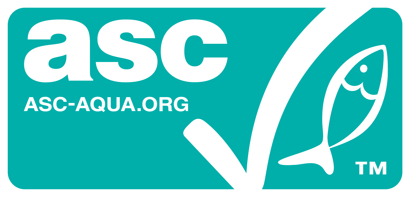 A certification logo for ASC Aqua, featuring a stylized fish and the website ASC-AQUA.ORG with a teal background.