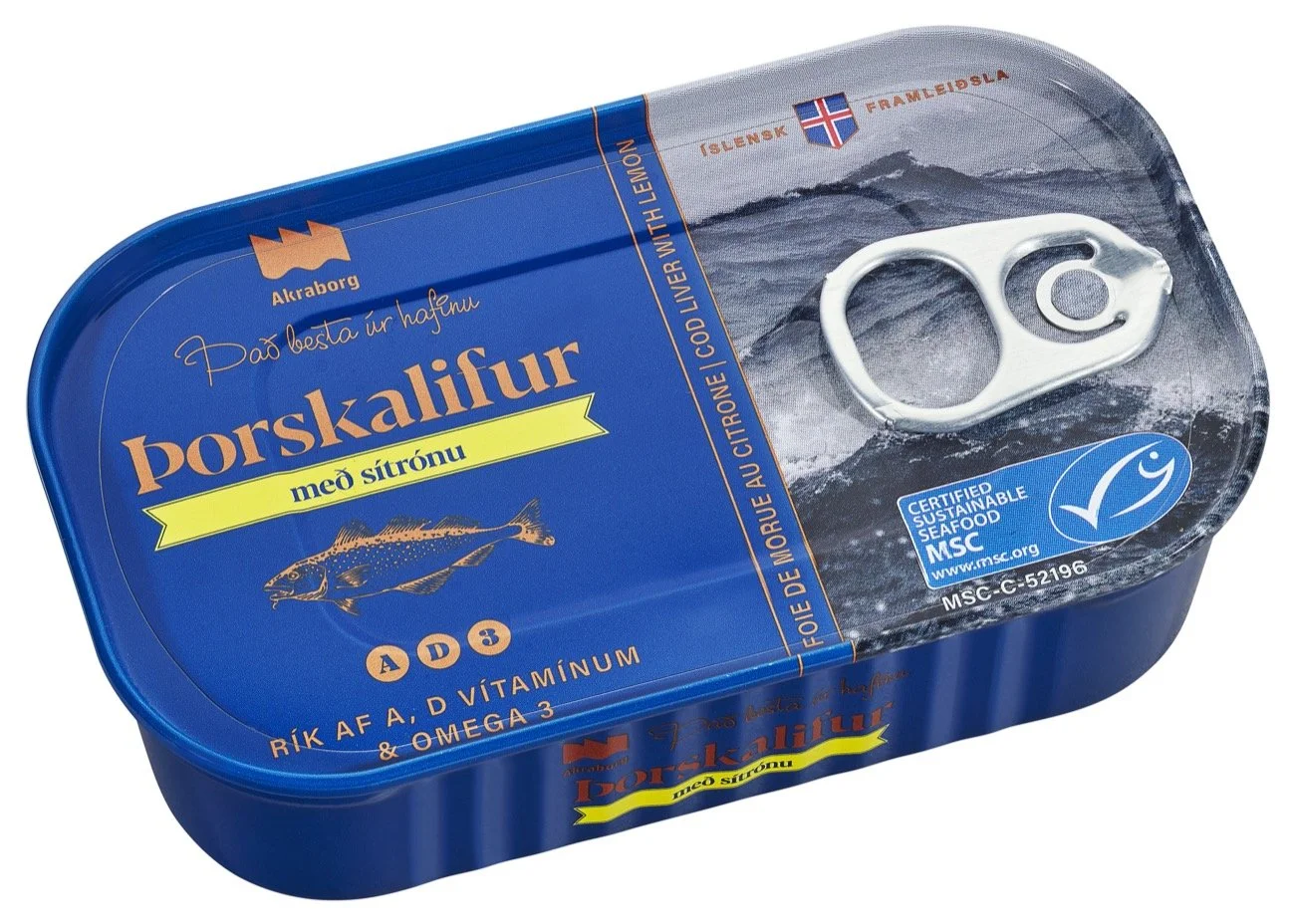 A blue tin of smoked mackerel with a pull-tab lid, labeled in Icelandic, featuring a fish illustration and various certification logos.