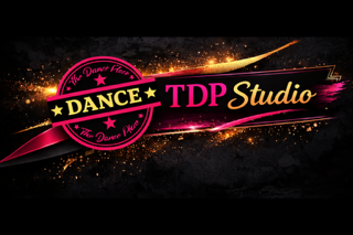 Logo for Dance TDP Studio with pink, yellow, and gold design elements on a black background.