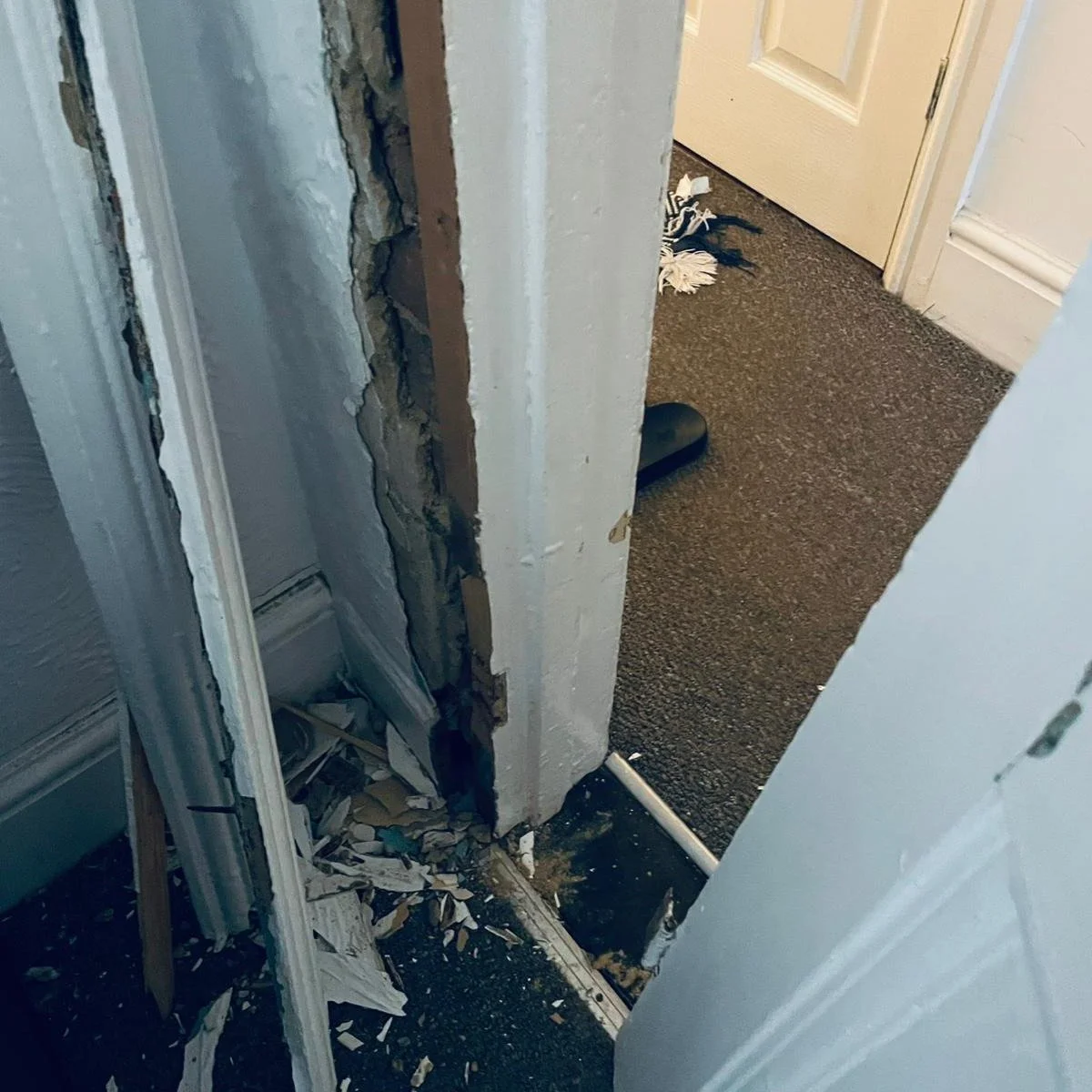 Another day, another door&hellip; 🚪💥

Looks like the tenants gave this one a proper send-off 😅
Door frame completely kicked off and hanging on for dear life.

No problem though &mdash; PPD to the rescue.

We&rsquo;ll get this one stripped back, re