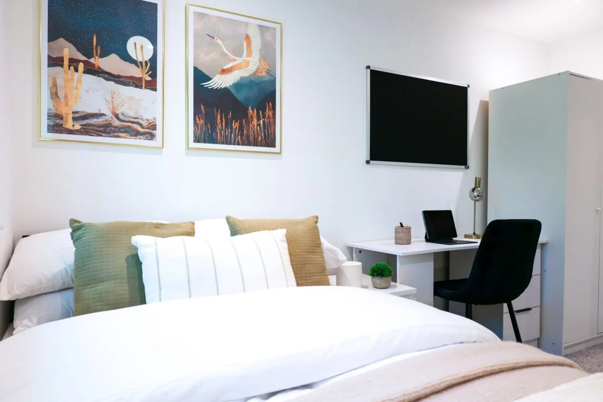 A bedroom with a double bed, decorative pillows, framed desert landscape and bird artwork on the wall, a small desk with a laptop, a black chair, and a wardrobe.