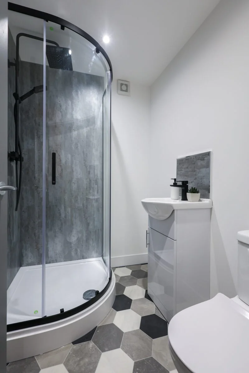 A modern bathroom with a corner shower, small white vanity with a sink, a potted plant and soap dispenser, and a toilet. The floor has hexagonal tiles in shades of black, white, and gray.