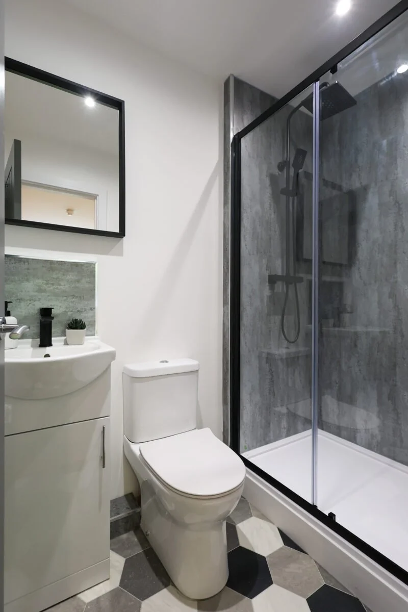 A modern bathroom with a white toilet, a small sink with a cabinet, a rectangular mirror, and a walk-in shower with gray tiles and a glass door.