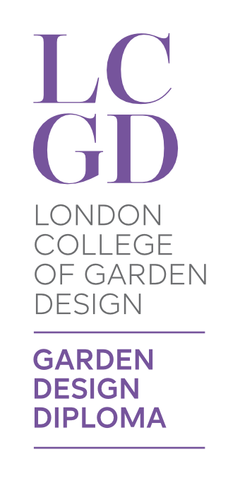 Logo for London College of Garden Design with purple letters LC GD and purple text reading London College of Garden Design and Garden Design Diploma.