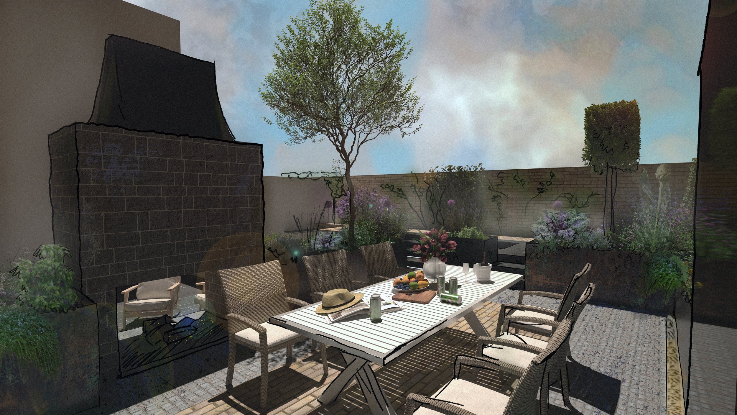An outdoor garden patio with a white dining table and wicker chairs, decorated with a hat, drinks, and fruits, surrounded by trees, plants, and a brick wall.