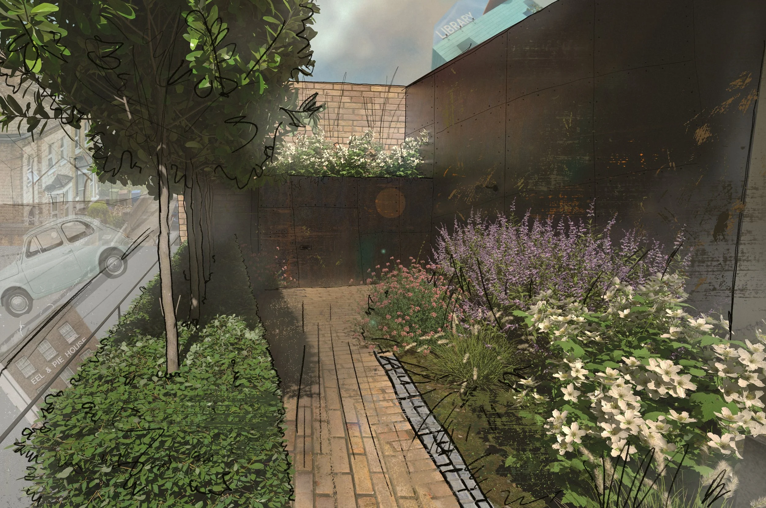 Urban garden with flowering plants, a brick pathway, a painted wall, and a tree, with buildings and a parked car visible in the background.