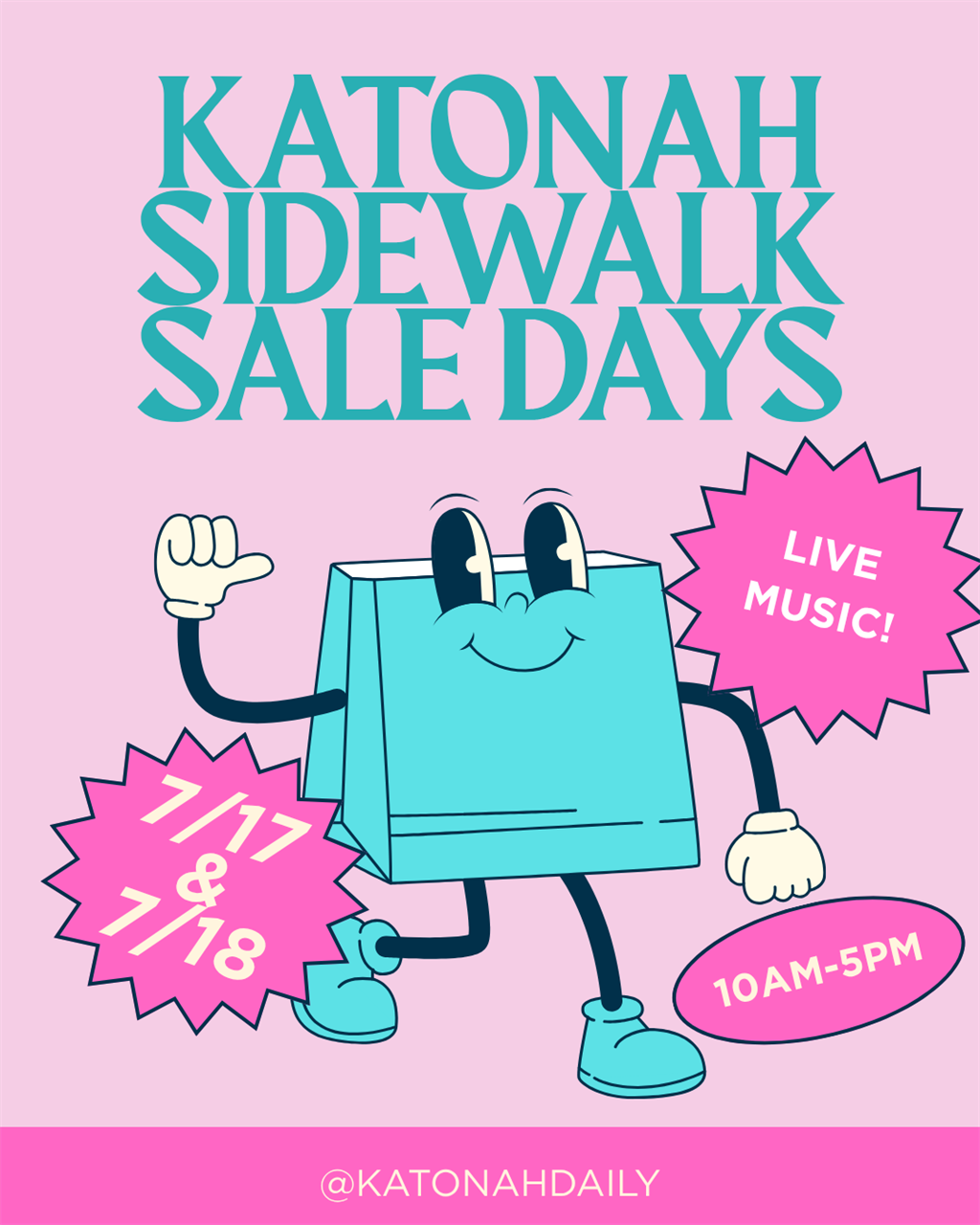 Promotional poster for Katonah Sidewalk Sale Days with a cartoon shopping bag character giving a thumbs up. Events are scheduled for July 17-18, from 10 AM to 5 PM, featuring live music.