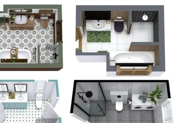 Design plans of four different bathrooms, each with unique layouts and fixtures.