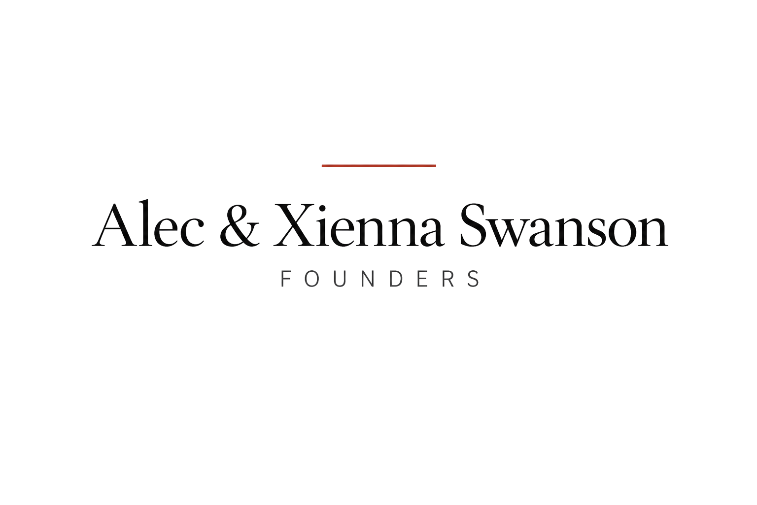 Logo with a red line above the text 'Alec & Xienna Swanson FOUNDERS' in black and gray