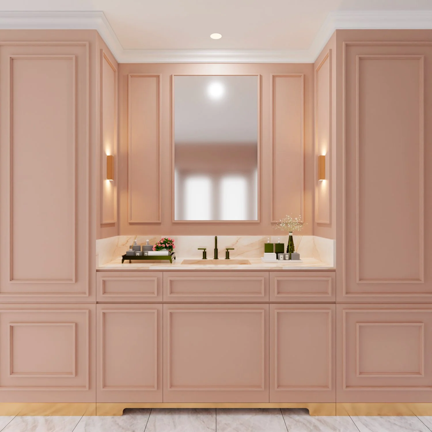 Bathroom sink vanity with pink cabinetry, a large mirror, wall sconces, and decorative items including vases, plants, and toiletries.