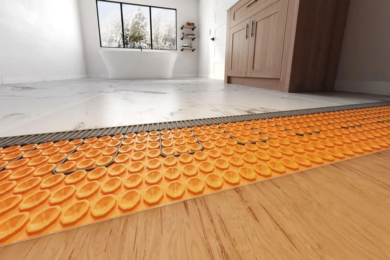 Close-up of an underfloor heating system with orange temperature sensors or heating pads installed under a wooden or tile floor in a bright room.