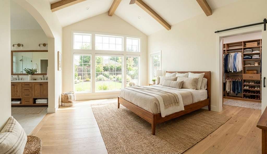 Bright bedroom with a large bed, windows overlooking greenery, an open closet with clothes and shoes, and a bathroom with a double vanity.