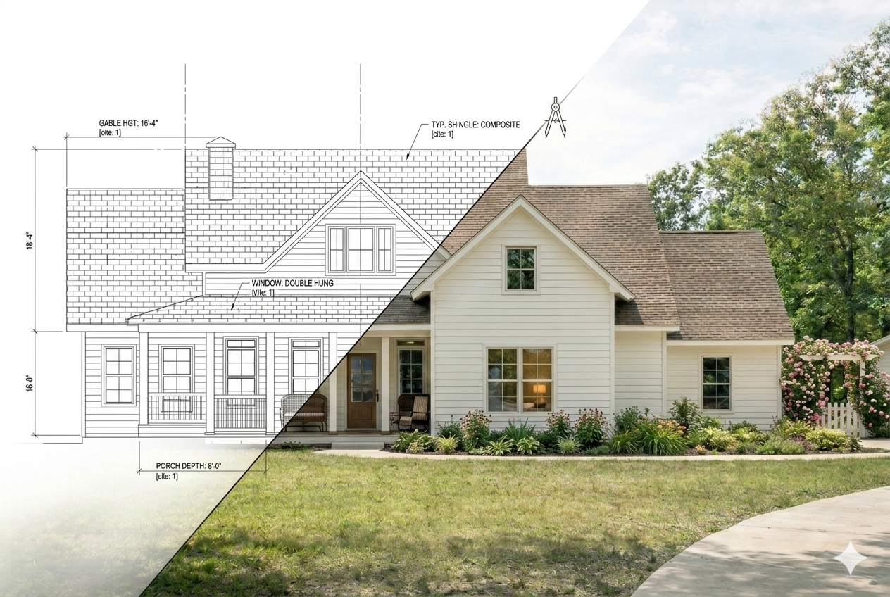 Custom house plans and architectural floor plans for farmhouse and diverse residential home styles in Tyler, Texas, by Still Water Homes designers.