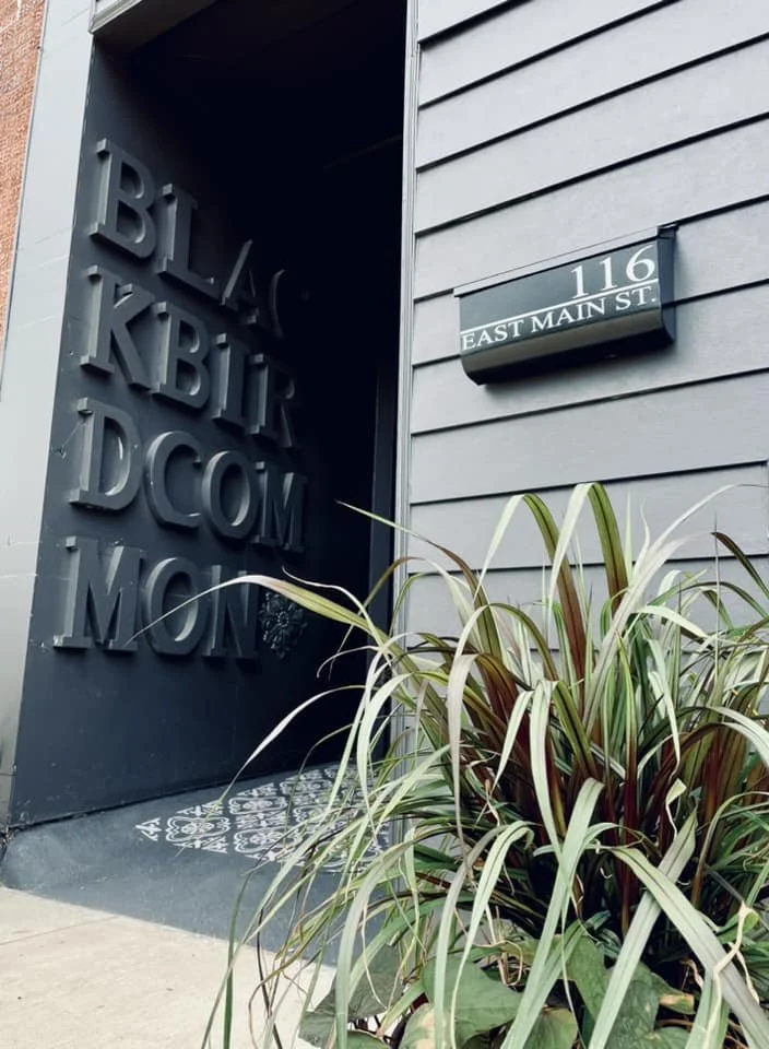 The entrance of a building with a black wall displaying web address 'BLACKBIRDKBIR.COM' in large letters, and a street address sign reading '116 EAST MAIN ST.' with a decorative plant in the foreground.