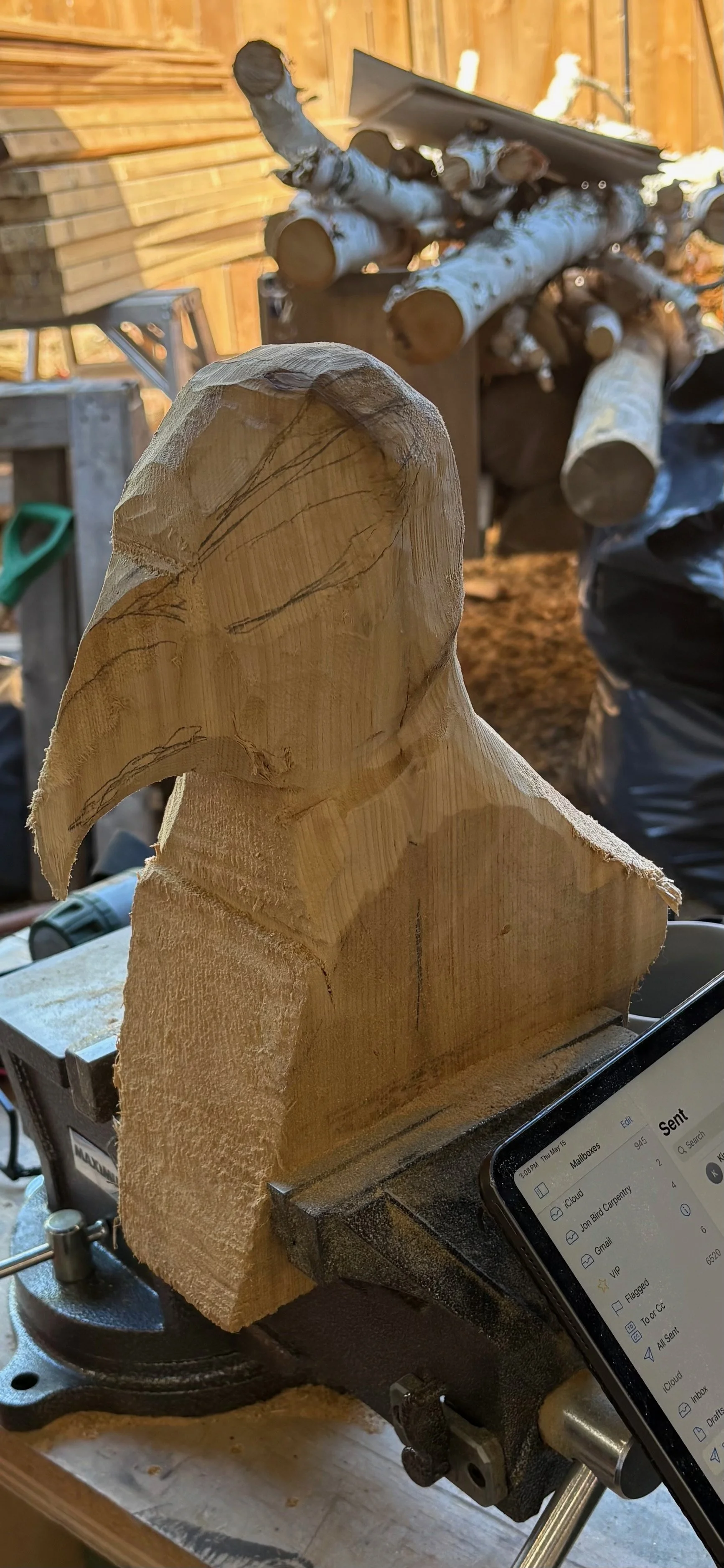 Wood carving of a bird's head, mounted on a workbench with woodworking tools and stacked logs in the background.