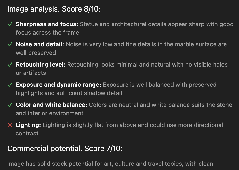 This image shows a detailed analysis of a photo's quality with scores and comments on aspects such as sharpness, noise, retouching, exposure, color balance, and lighting, as well as the commercial potential score for the image.