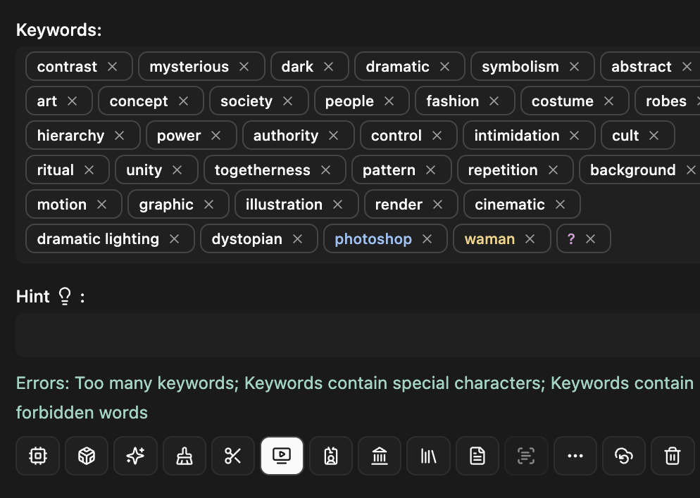 Title and description length, keyword count, forbidden words, and special characters are checked in real time. Errors appear under the fields so you can fix them before export