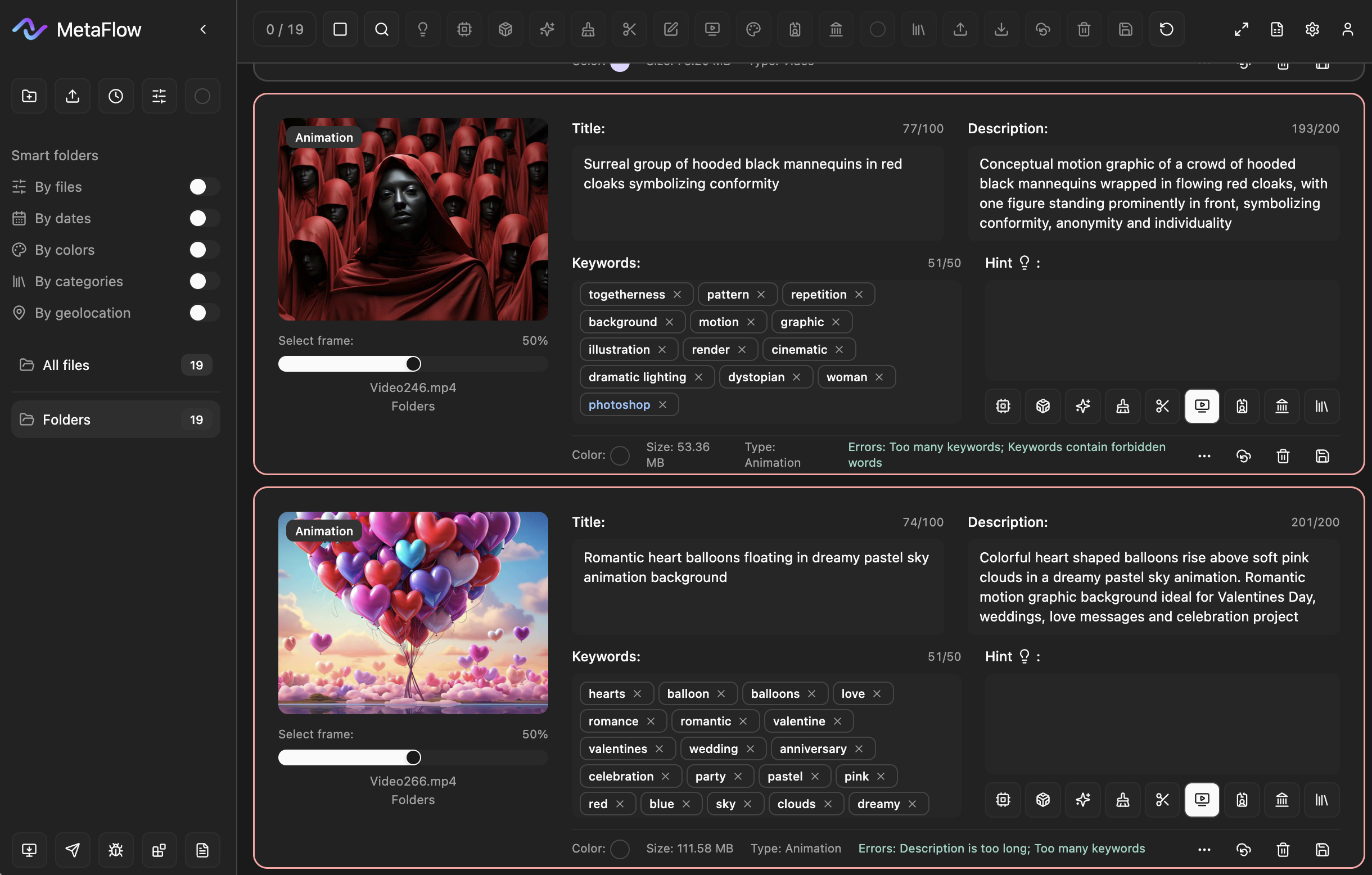 The system checks title and description length, keyword count, and forbidden words or characters in keywords, and editorial prefix when needed. Errors are shown under the fields (e.g. “Too many keywords”, “Description is too long”, “Keywords contain 