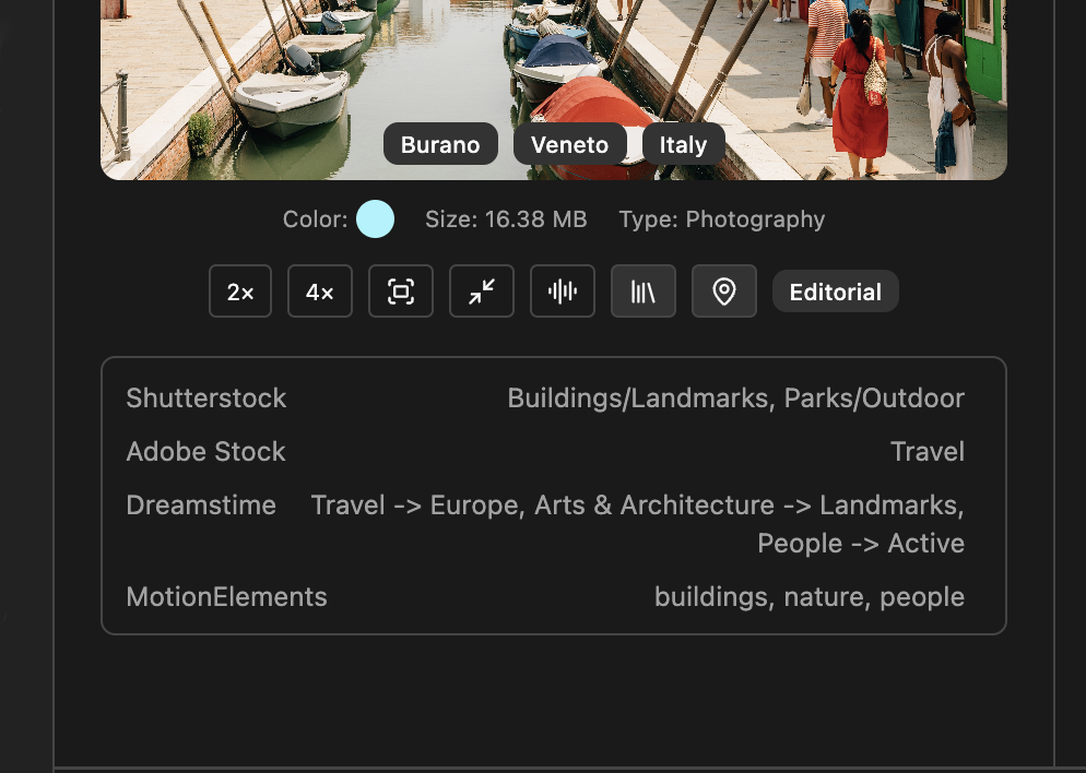 Selected marks, color label, location tags, and stock categories are written to the file’s EXIF/XMP. When you open the file again, they are read back so tags, color, and categories stay in sync
