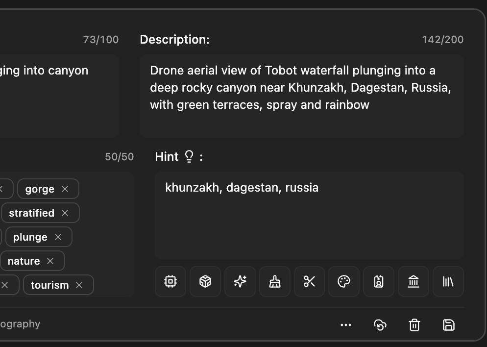 Short hint for AI: can be turned on or off in settings and is filled automatically when adding files (location, folder name, or file name). The model uses this hint when generating metadata