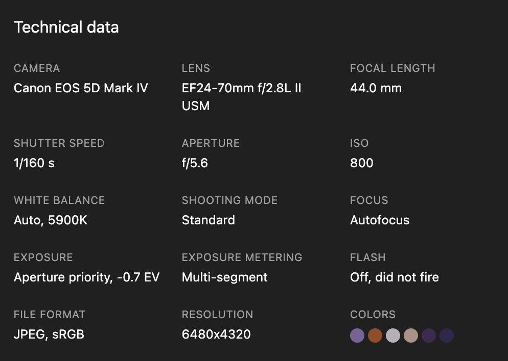 A Digital camera technical data chart showing settings for a Canon EOS 5D Mark IV, including capture date 02-07-2018, time 16:32:16, and location Burano, Veneto, Italy. The data includes resolution, exposure, focus, and color information.