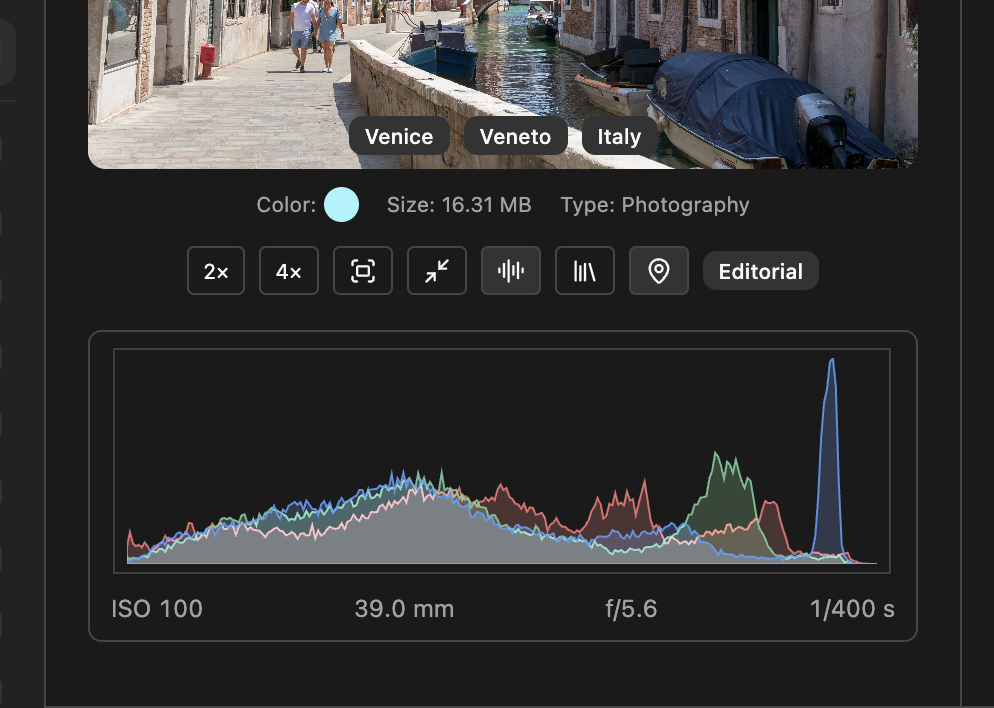 Zoom 2х, 4х, and original under the preview; RGB histogram; Categories for stocks; Markers: file type, 18+ and editorial - toggle with one click