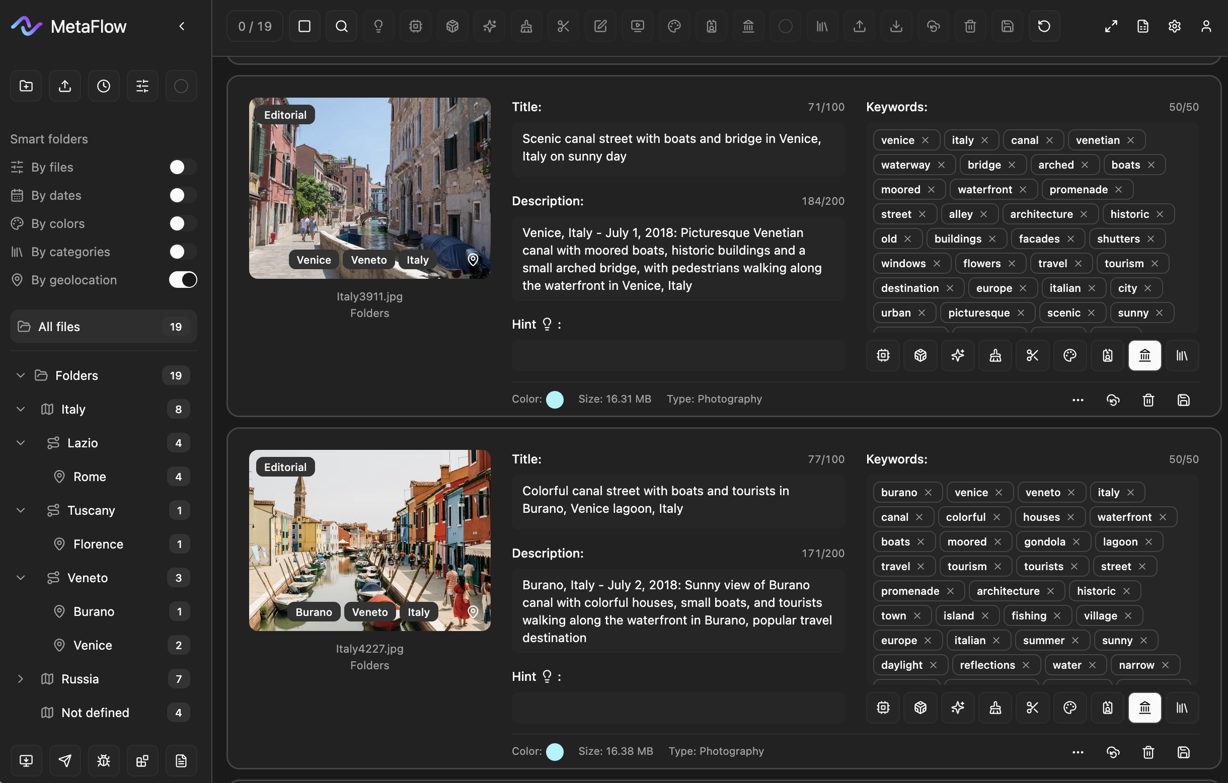Photographs showcasing scenic canal streets with boats and colorful buildings in Venice, Italy, one with historic architecture and pedestrians, another with small boats and tourists in Burano, Italy.
