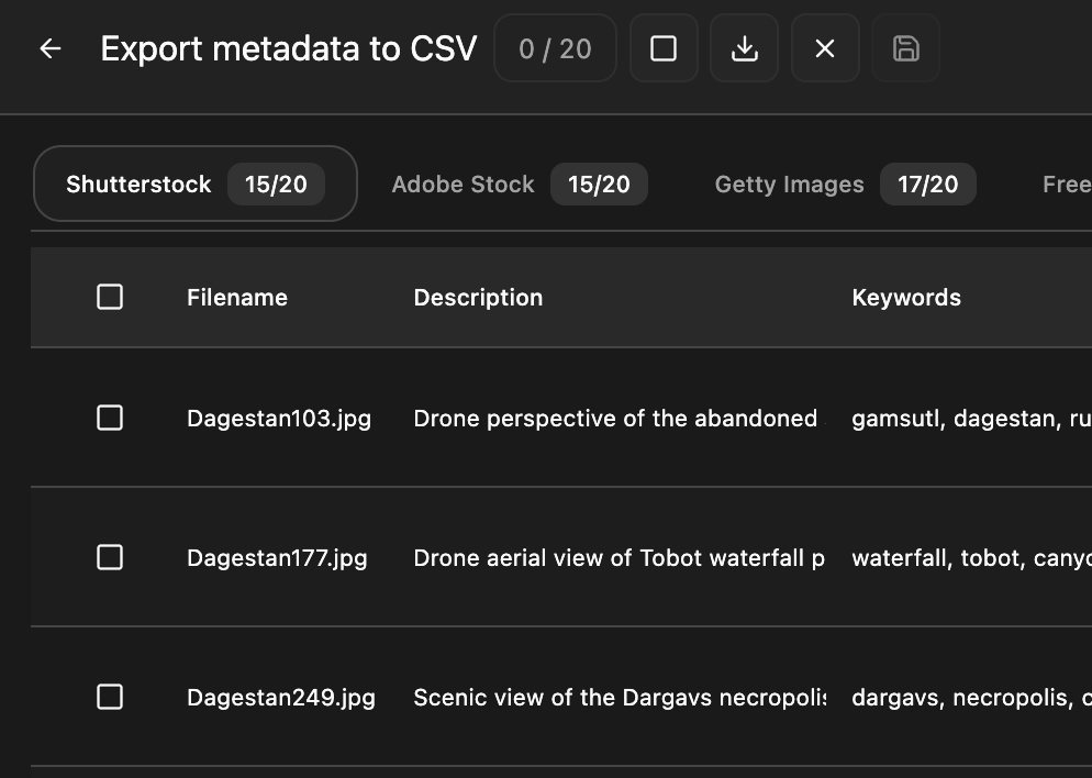 Screenshot of a computer window showing image files of famous Italian landmarks, including Rome, Florence, and Venice, with descriptions and dates.