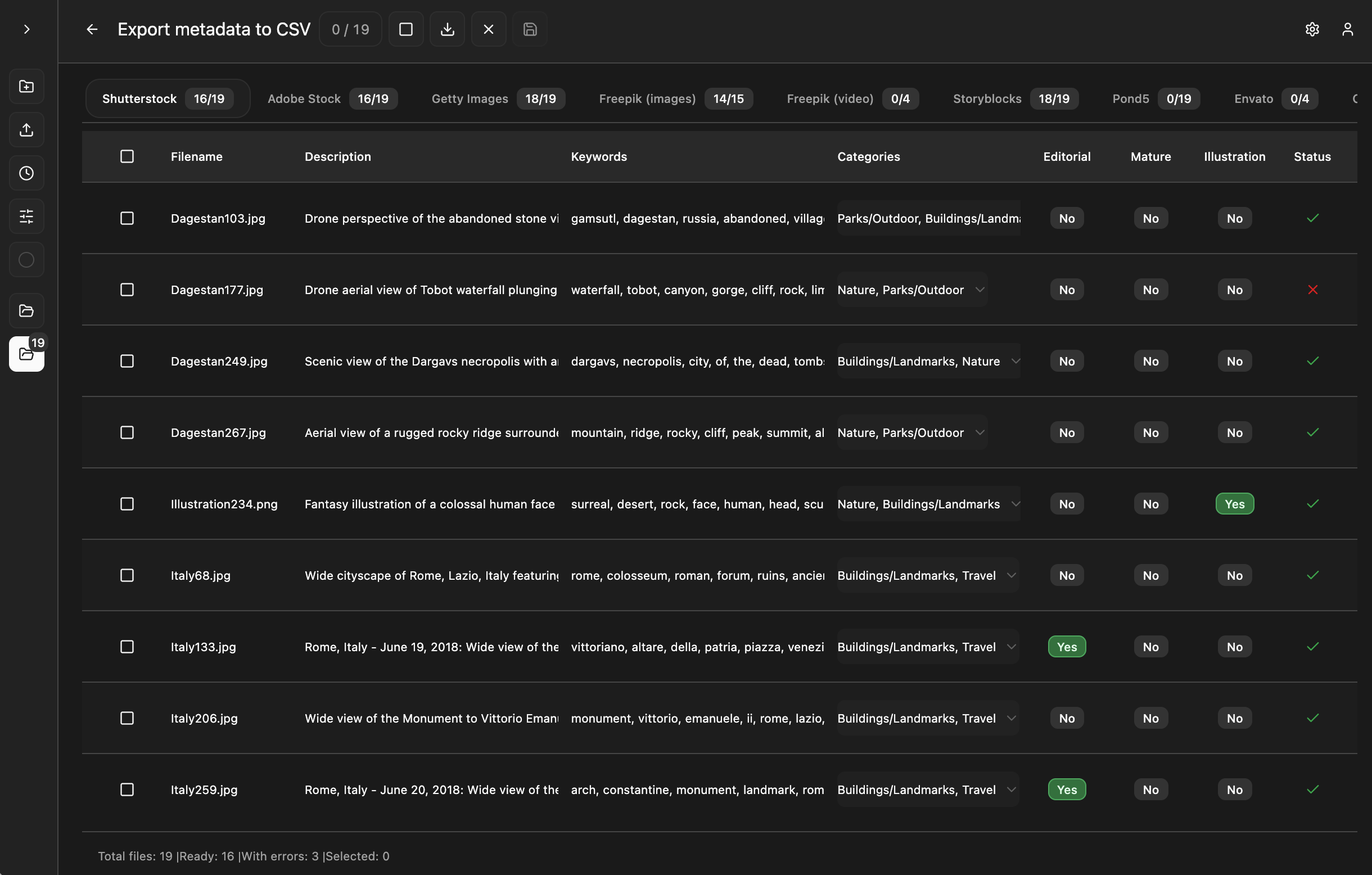 Screenshot of a digital asset management system displaying a list of image files related to Italy, including views of monuments, cities, and landscapes. The list includes filenames, descriptions, keywords, categories, and status indicators.