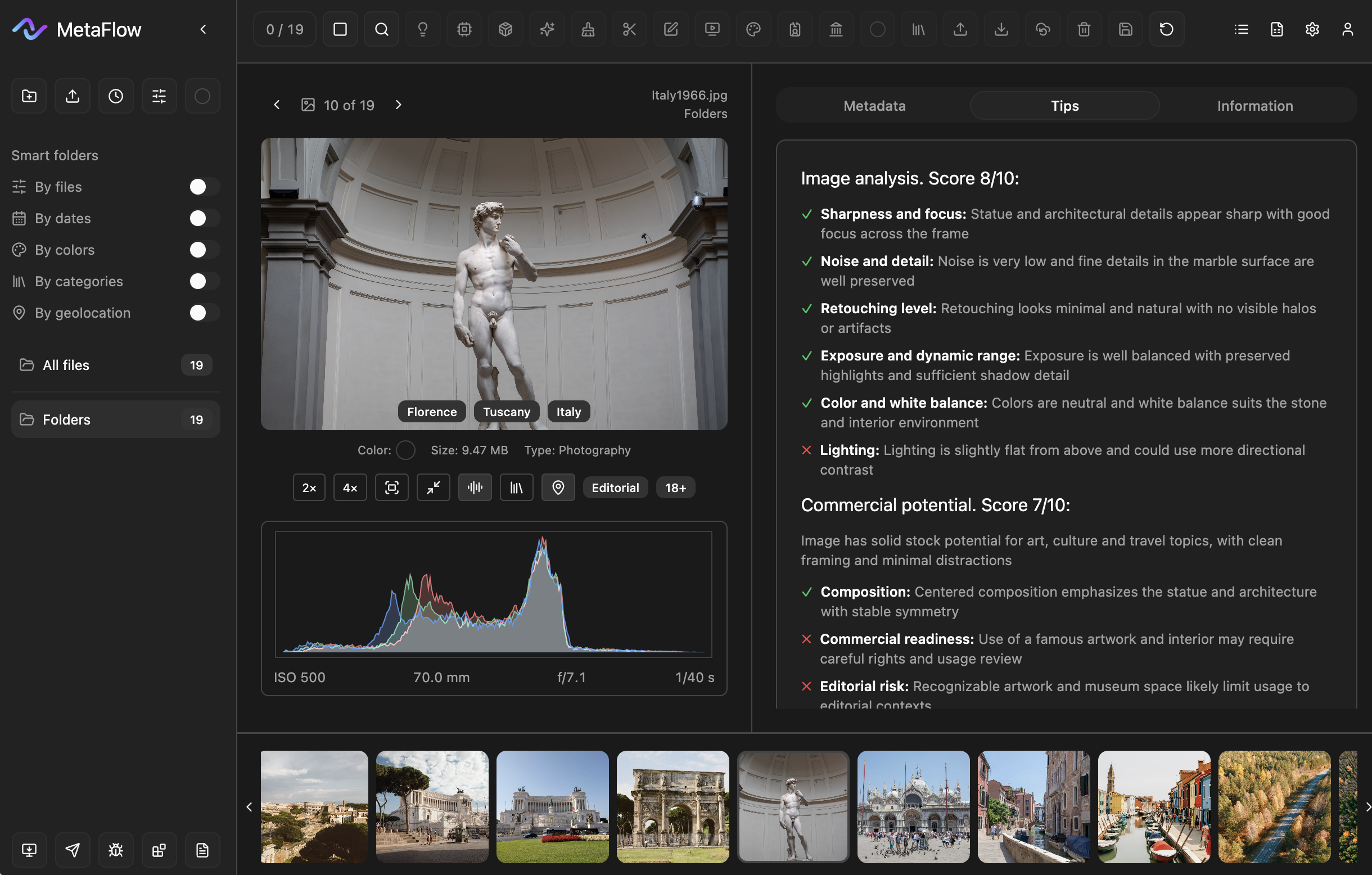 Photograph of the Statue of David, a famous sculpture located in Florence, Tuscany, Italy. The statue depicts a nude male figure standing in a classic contrapposto pose inside an ornate, domed architectural setting.