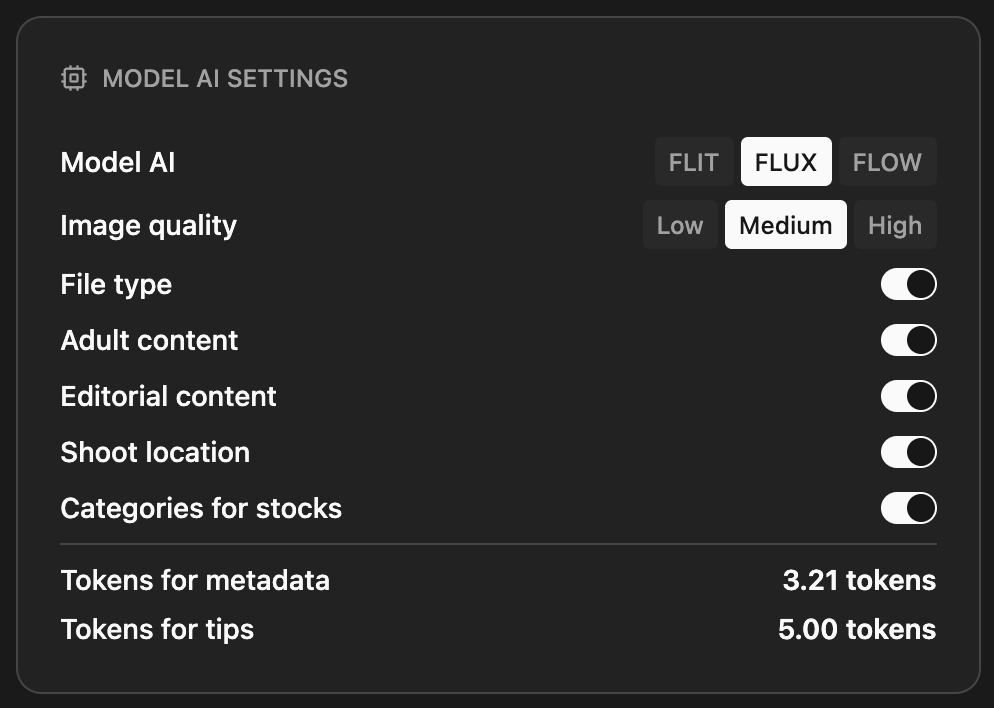 Screenshot of Model AI Settings menu with options for AI model type, image quality, file type, adult content, editorial content, shoot location, categories for stocks, and token counts for metadata and tips.