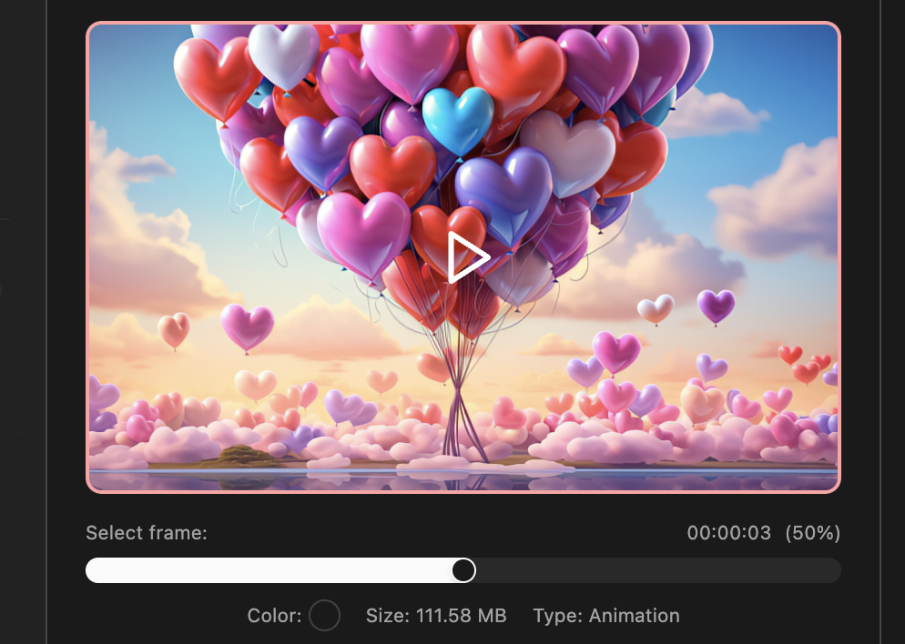 Play video in the preview; use the frame slider to pick a moment (time and %). The selected frame is used for AI analysis and metadata generation; you can extract and save that frame