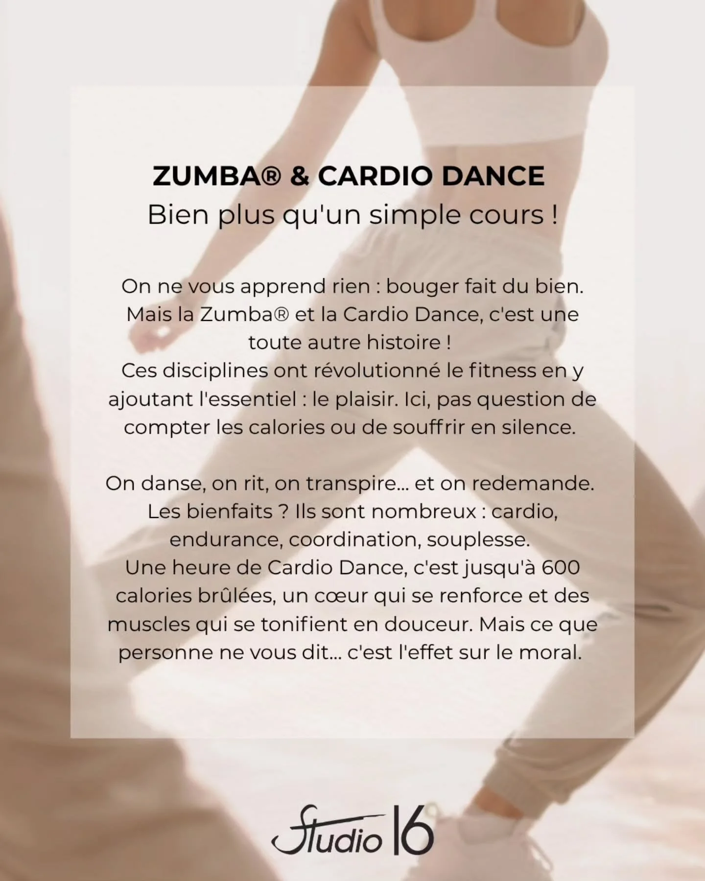 ZUMBA&reg; &amp; CARDIO DANCE 
Bien plus qu'un simple cours !

Une heure de danse, de musique et d'&eacute;nergie collective... et vous repartez le sourire aux l&egrave;vres, le corps tonifi&eacute; et la t&ecirc;te vid&eacute;e. 

Cardio, coordinati