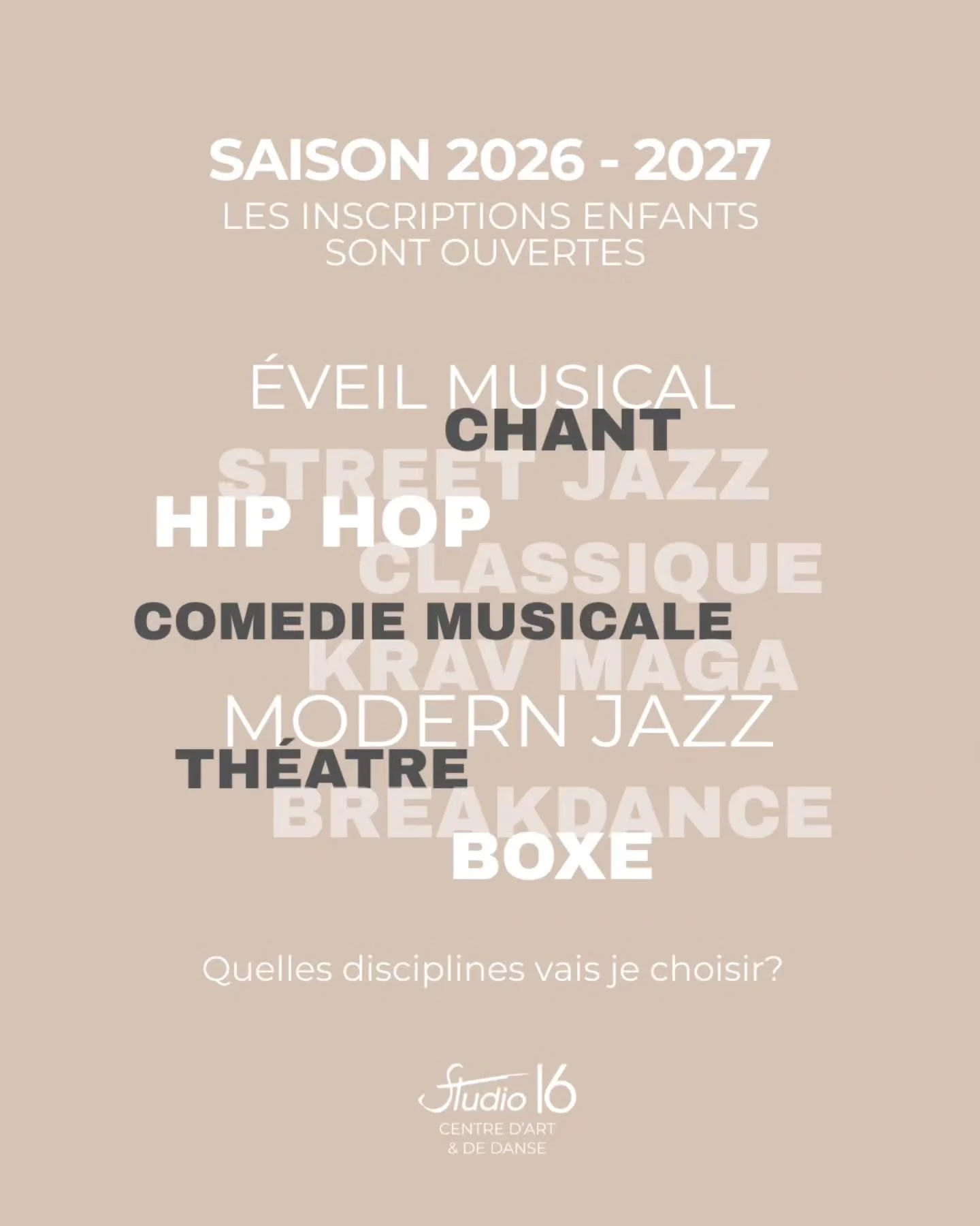 Quel cours pour mon enfant ? C'est LA question. Et nous avons les r&eacute;ponses.

Au Studio 16, chaque enfant trouve sa discipline &mdash; celle qui lui ressemble, celle qui le fait grandir. 
Notre &eacute;quipe p&eacute;dagogique est l&agrave; pou
